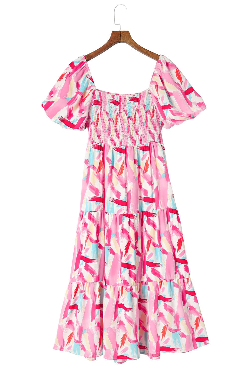 Pink Abstract Brush Stroke Smocked Ruffle A-Line Midi Dress
