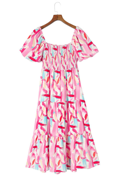 Pink Abstract Brush Stroke Smocked Ruffle A-Line Midi Dress