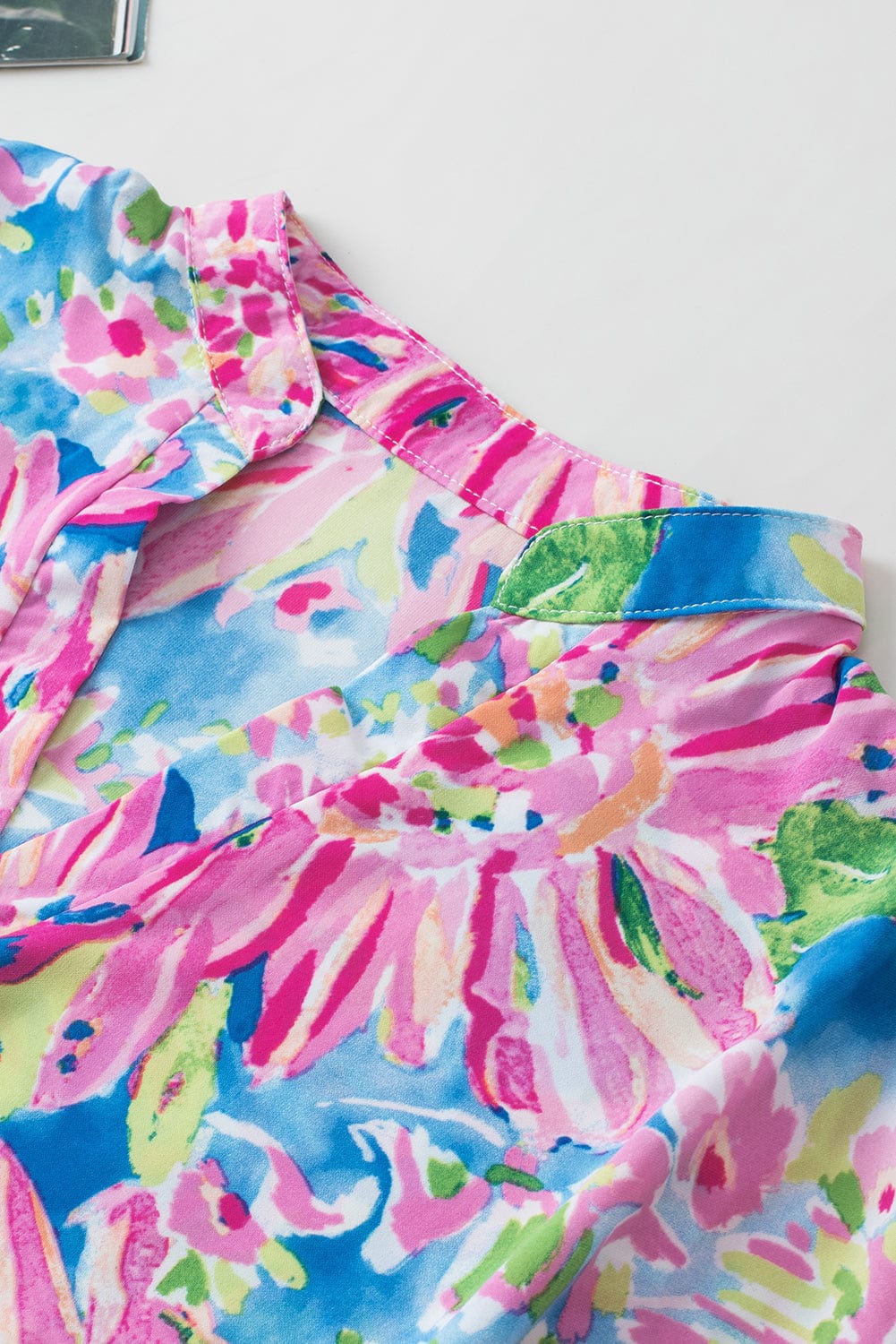 Pink Abstract Floral Notch V Neck Short Sleeve Blouse with Bohemian Style