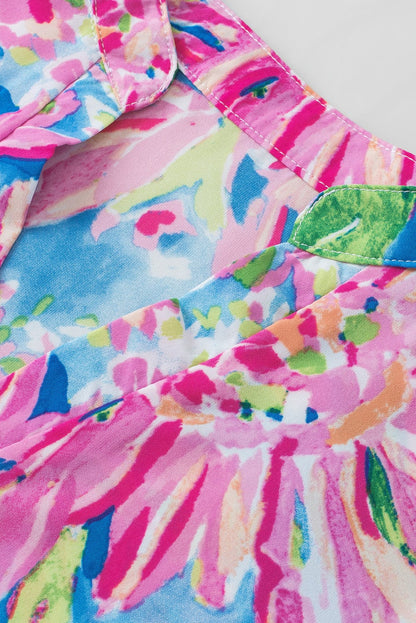 Pink Abstract Floral Notch V Neck Short Sleeve Blouse with Bohemian Style