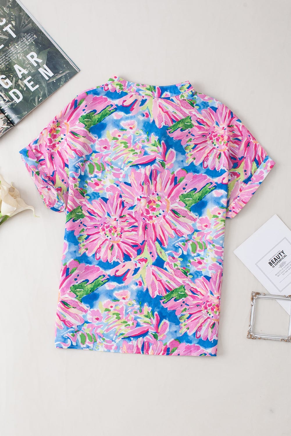 Pink Abstract Floral Notch V Neck Short Sleeve Blouse with Bohemian Style