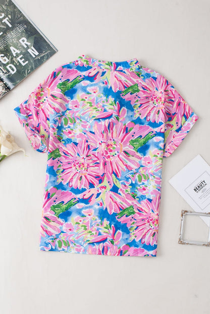 Pink Abstract Floral Notch V Neck Short Sleeve Blouse with Bohemian Style
