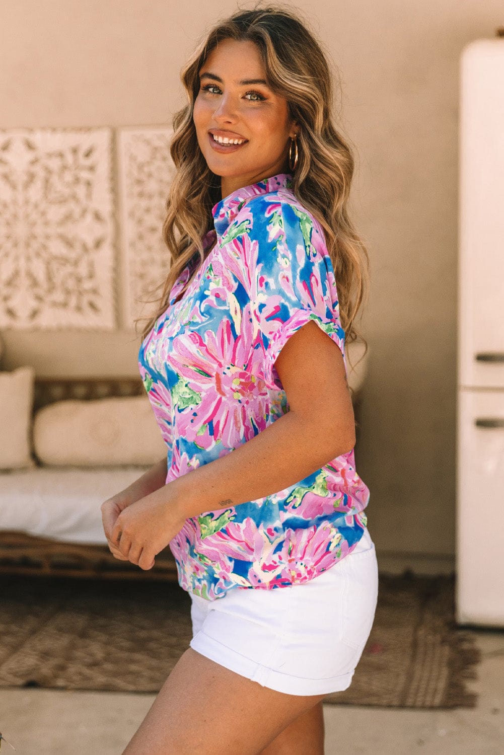 Pink Abstract Floral Notch V Neck Short Sleeve Blouse with Bohemian Style