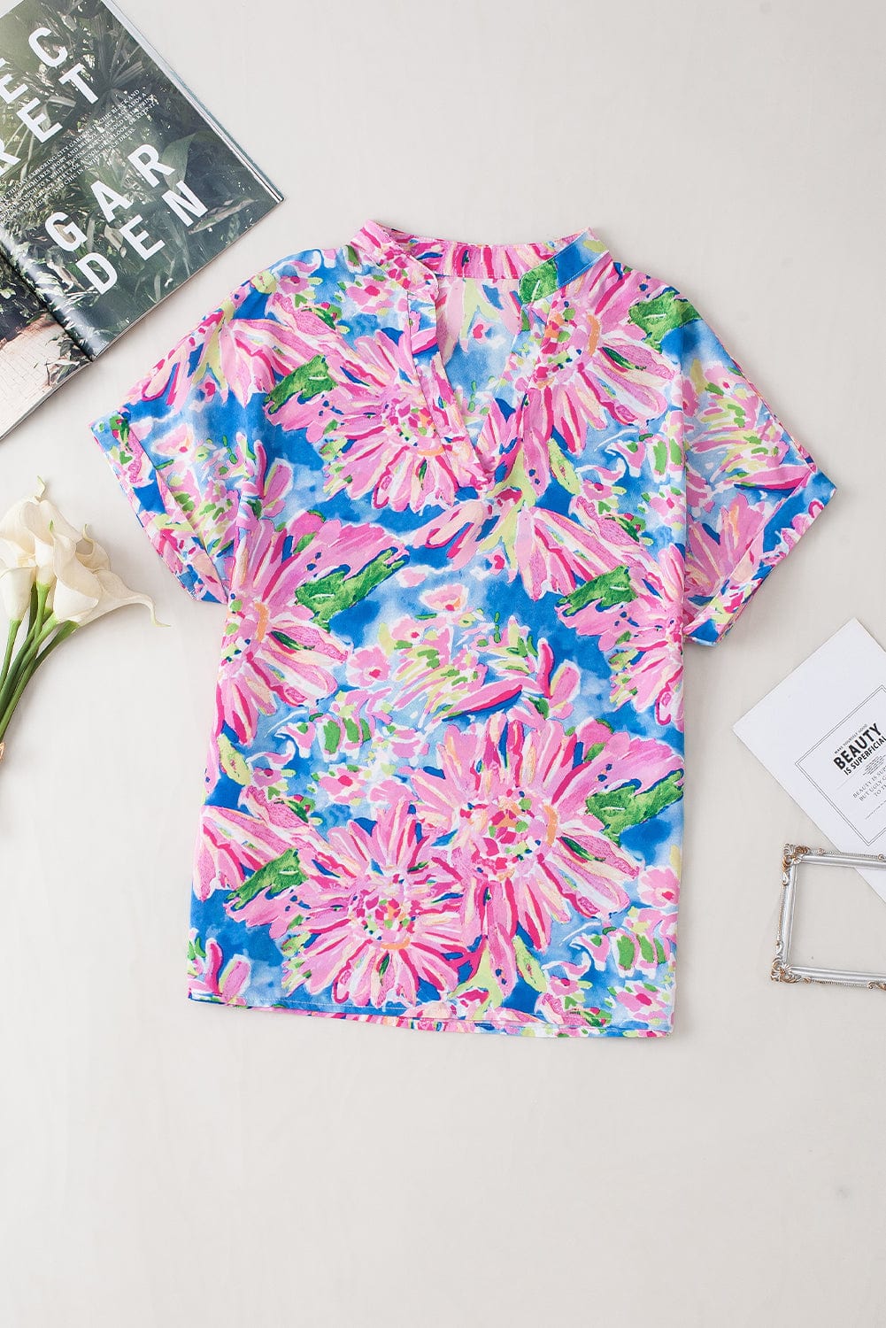 Pink Abstract Floral Notch V Neck Short Sleeve Blouse with Bohemian Style