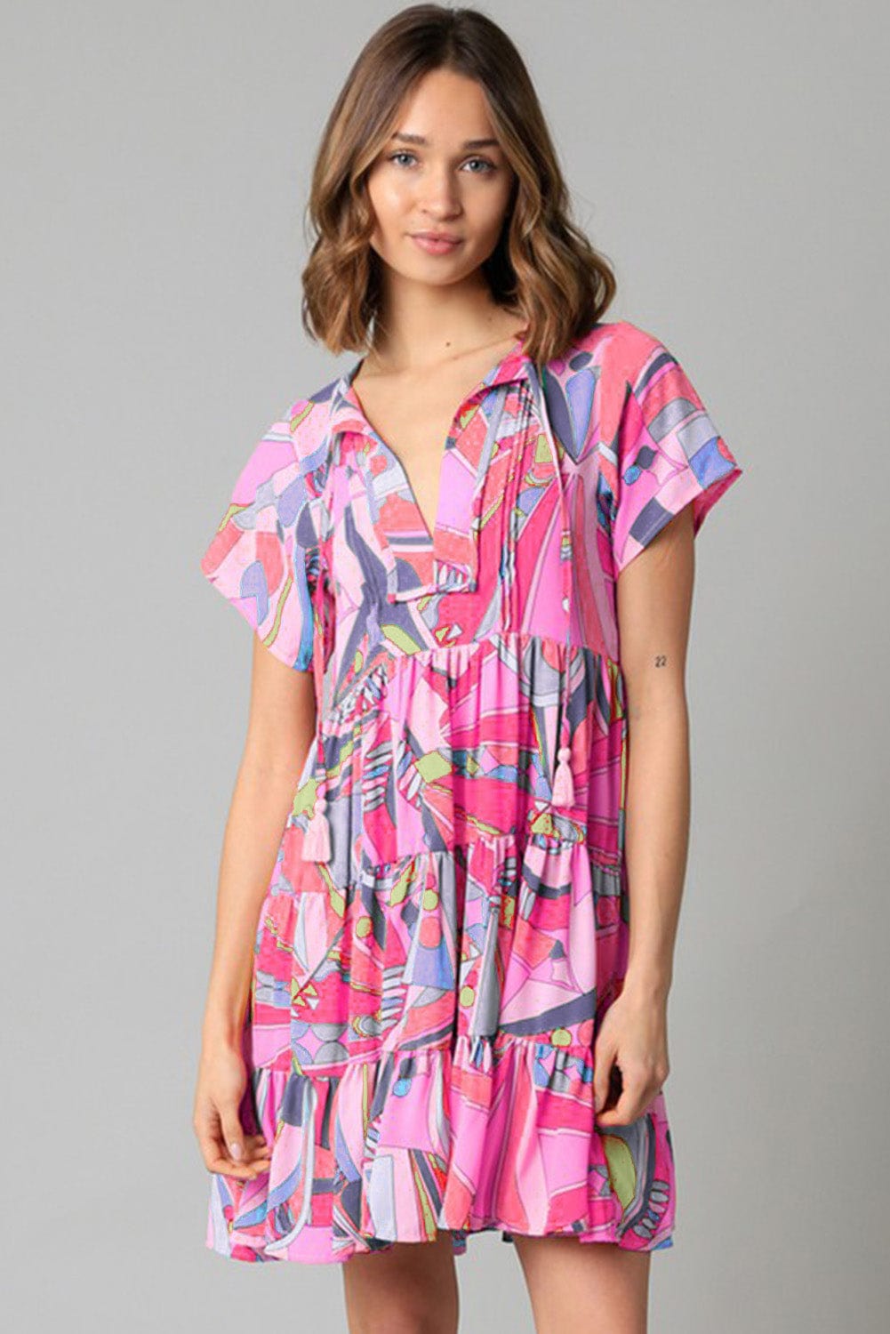 Pink Abstract Geometric Print Tassel Tie A-Line Mini Dress