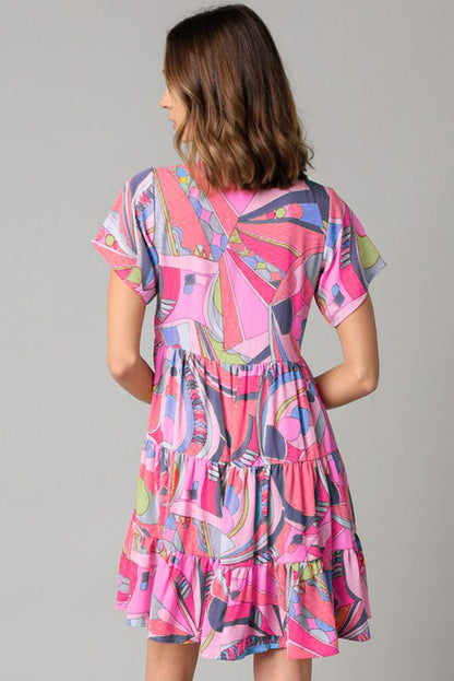 Pink Abstract Geometric Print Tassel Tie A-Line Mini Dress