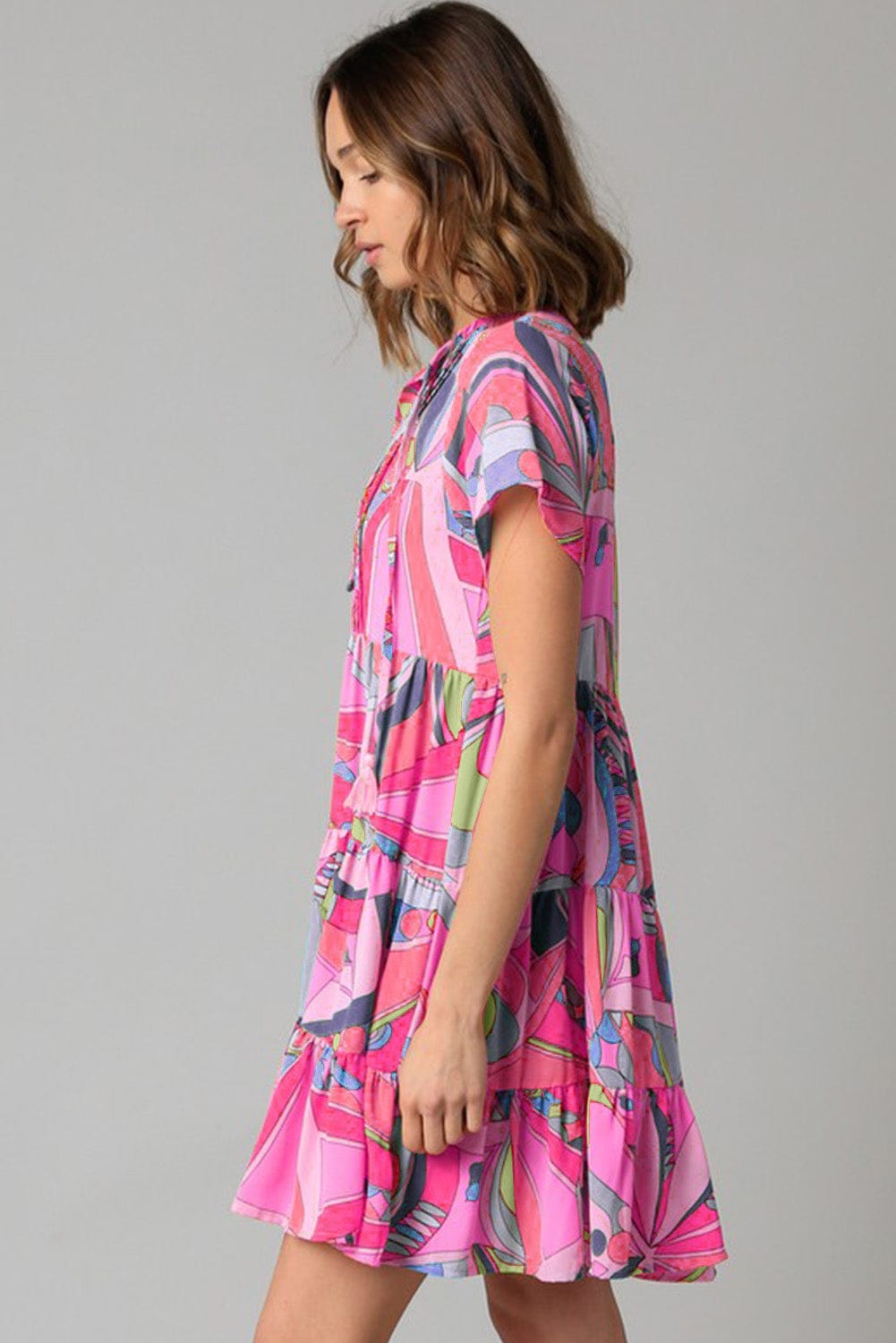 Pink Abstract Geometric Print Tassel Tie A-Line Mini Dress