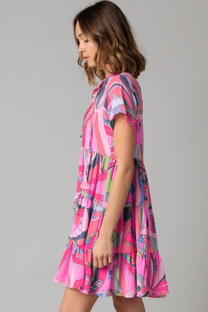 Pink Abstract Geometric Print Tassel Tie A-Line Mini Dress