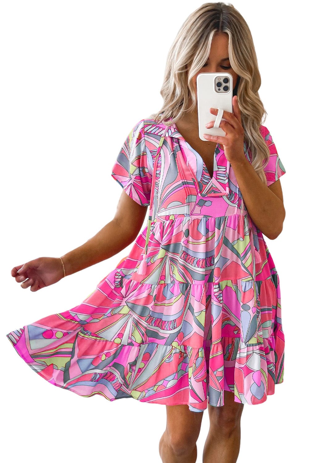 Pink Abstract Geometric Print Tassel Tie A-Line Mini Dress