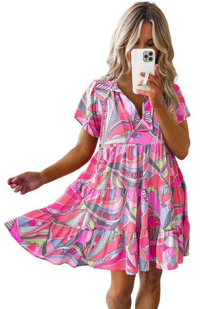 Pink Abstract Geometric Print Tassel Tie A-Line Mini Dress