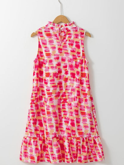 Pink Abstract Print Frilled Neck Sleeveless A-Line Mini Dress