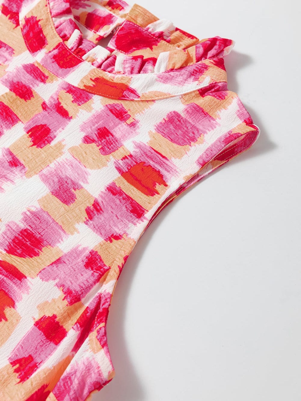 Pink Abstract Print Frilled Neck Sleeveless A-Line Mini Dress