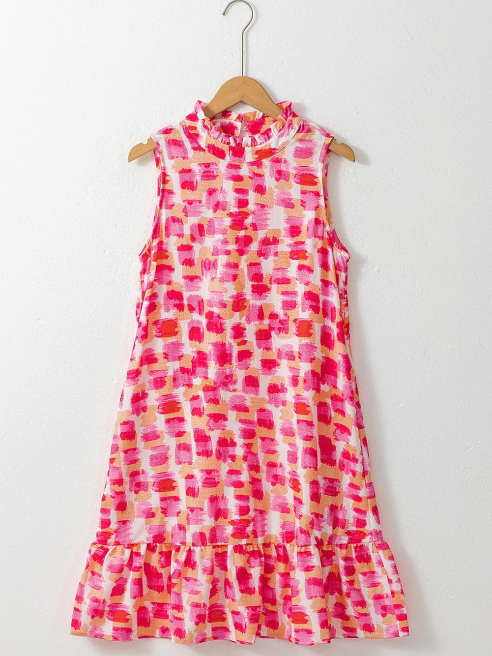 Pink Abstract Print Frilled Neck Sleeveless A-Line Mini Dress