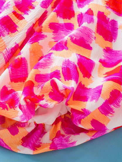 Pink Abstract Print Ruffled High Neck Blouse with Button Back