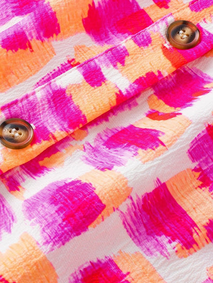 Pink Abstract Print Ruffled High Neck Blouse with Button Back