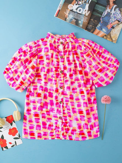 Pink Abstract Print Ruffled High Neck Blouse with Button Back