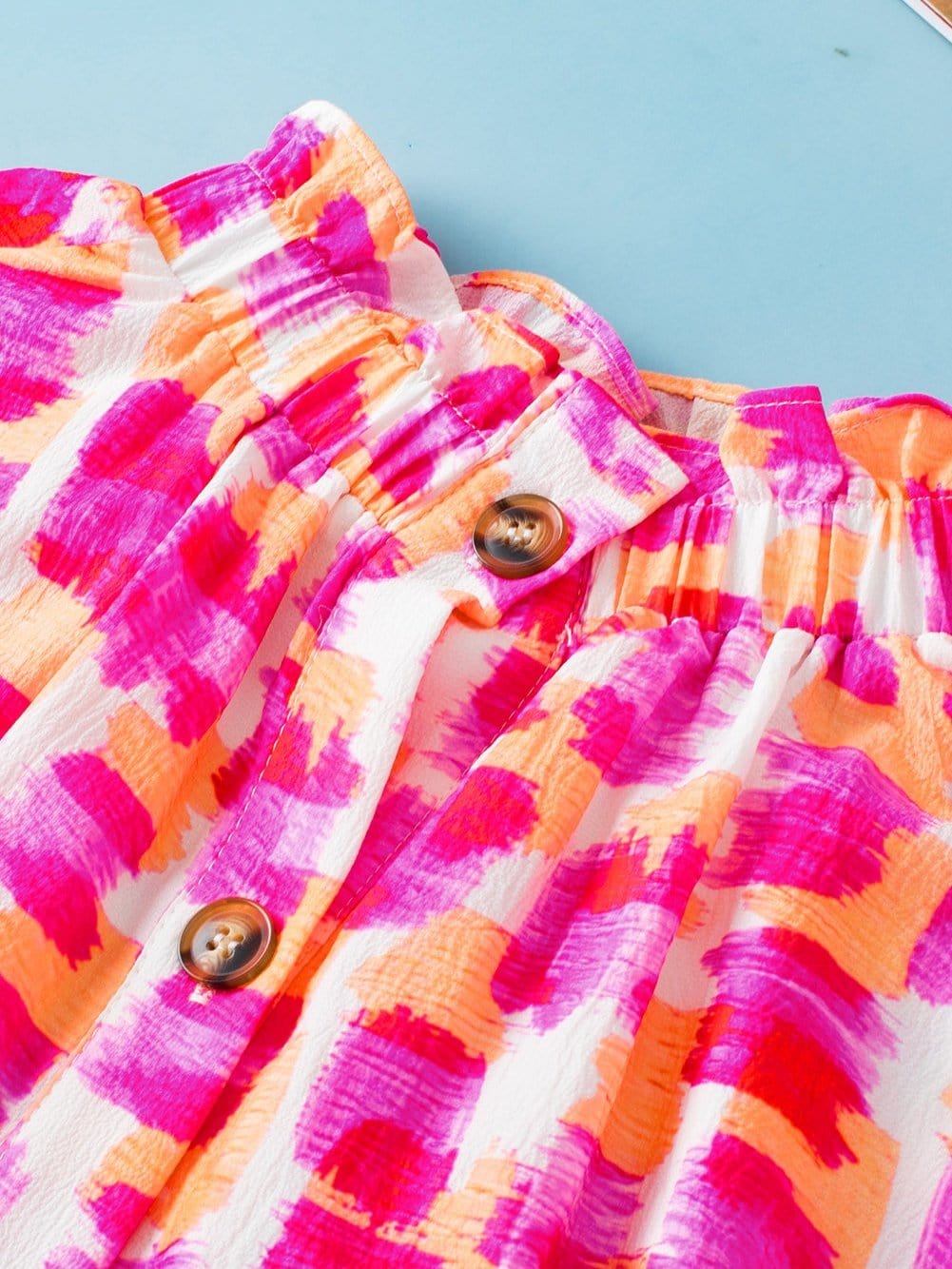 Pink Abstract Print Ruffled High Neck Blouse with Button Back