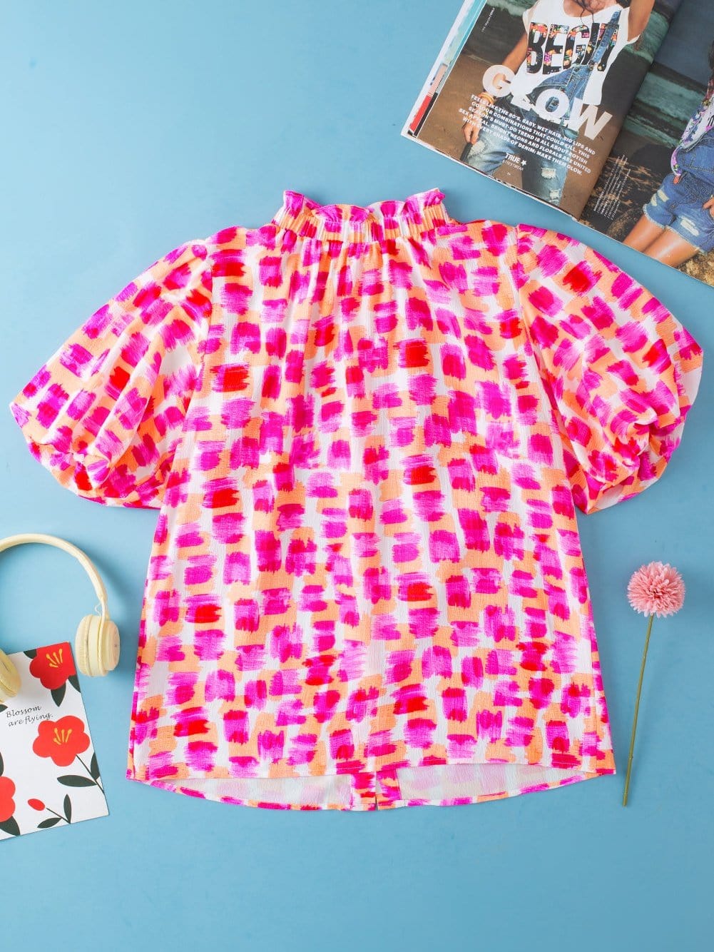 Pink Abstract Print Ruffled High Neck Blouse with Button Back