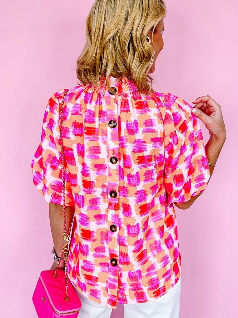 Pink Abstract Print Ruffled High Neck Blouse with Button Back