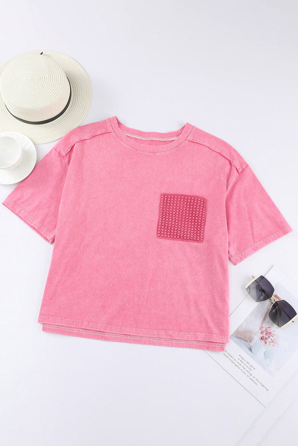 Pink Acid Wash Lace Chest Pocket Tee