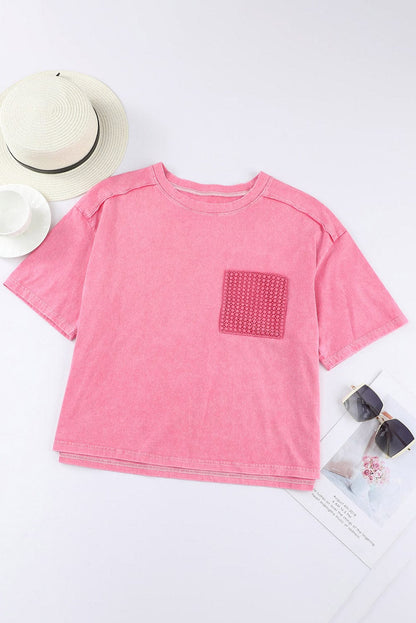 Pink Acid Wash Lace Chest Pocket Tee
