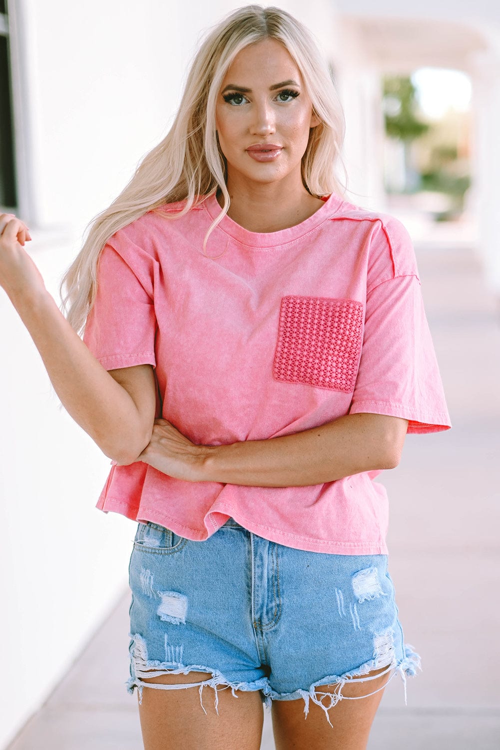 Pink Acid Wash Lace Chest Pocket Tee