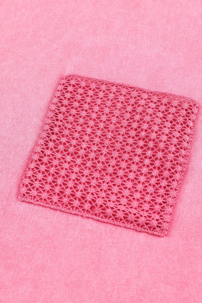 Pink Acid Wash Lace Chest Pocket Tee