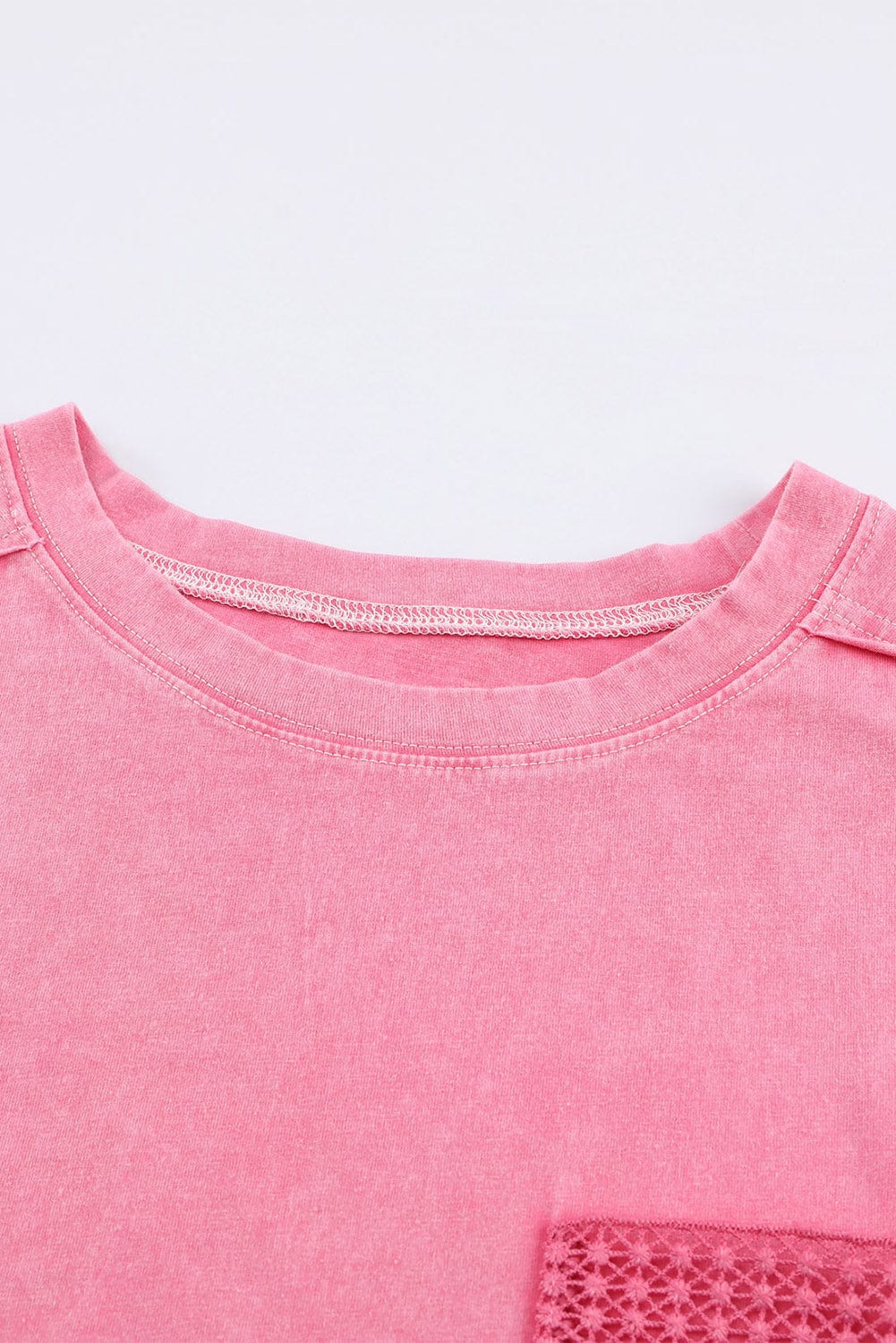 Pink Acid Wash Lace Chest Pocket Tee
