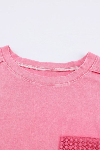 Pink Acid Wash Lace Chest Pocket Tee