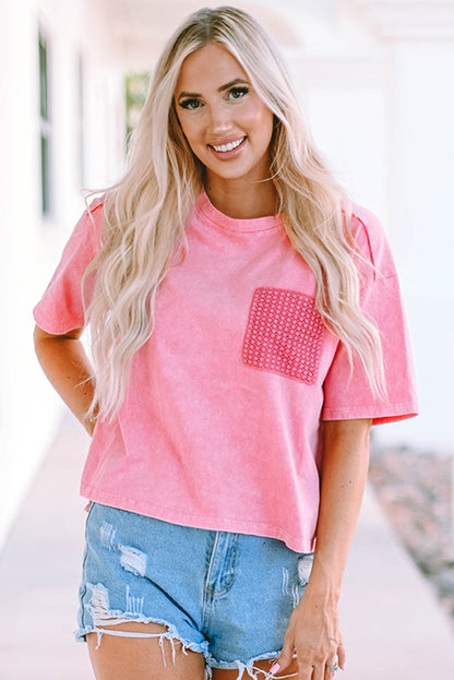 Pink Acid Wash Lace Chest Pocket Tee