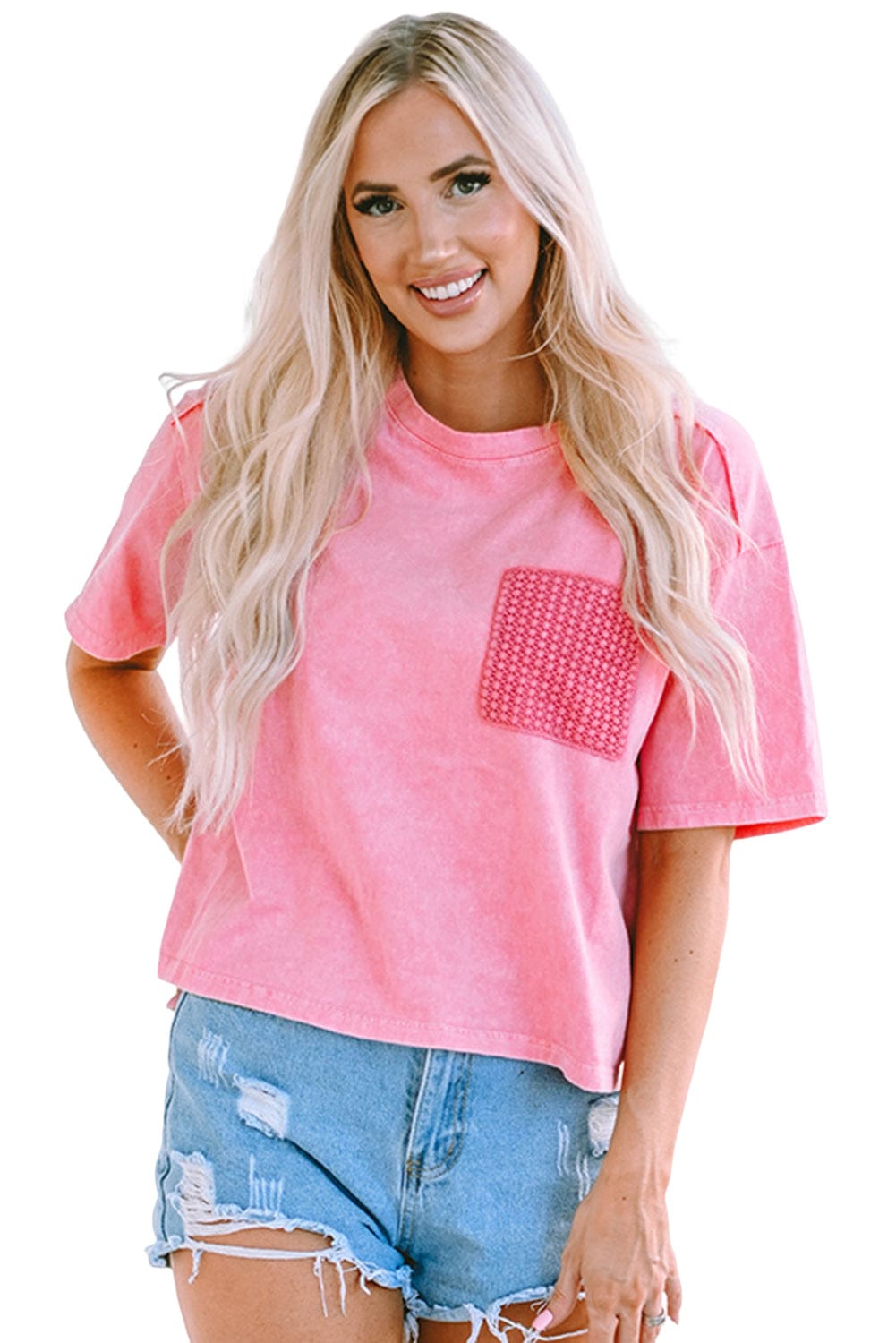 Pink Acid Wash Lace Chest Pocket Tee