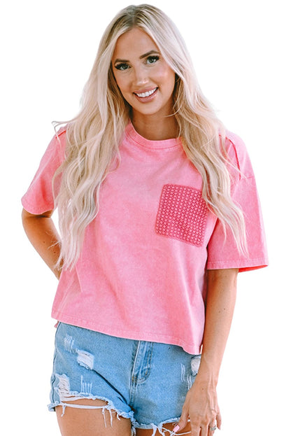 Pink Acid Wash Lace Chest Pocket Tee