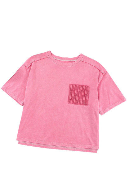 Pink Acid Wash Lace Chest Pocket Tee