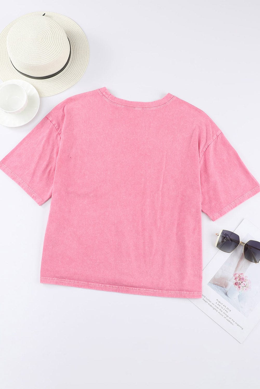 Pink Acid Wash Lace Chest Pocket Tee