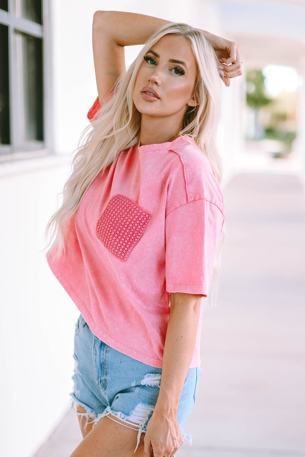 Pink Acid Wash Lace Chest Pocket Tee