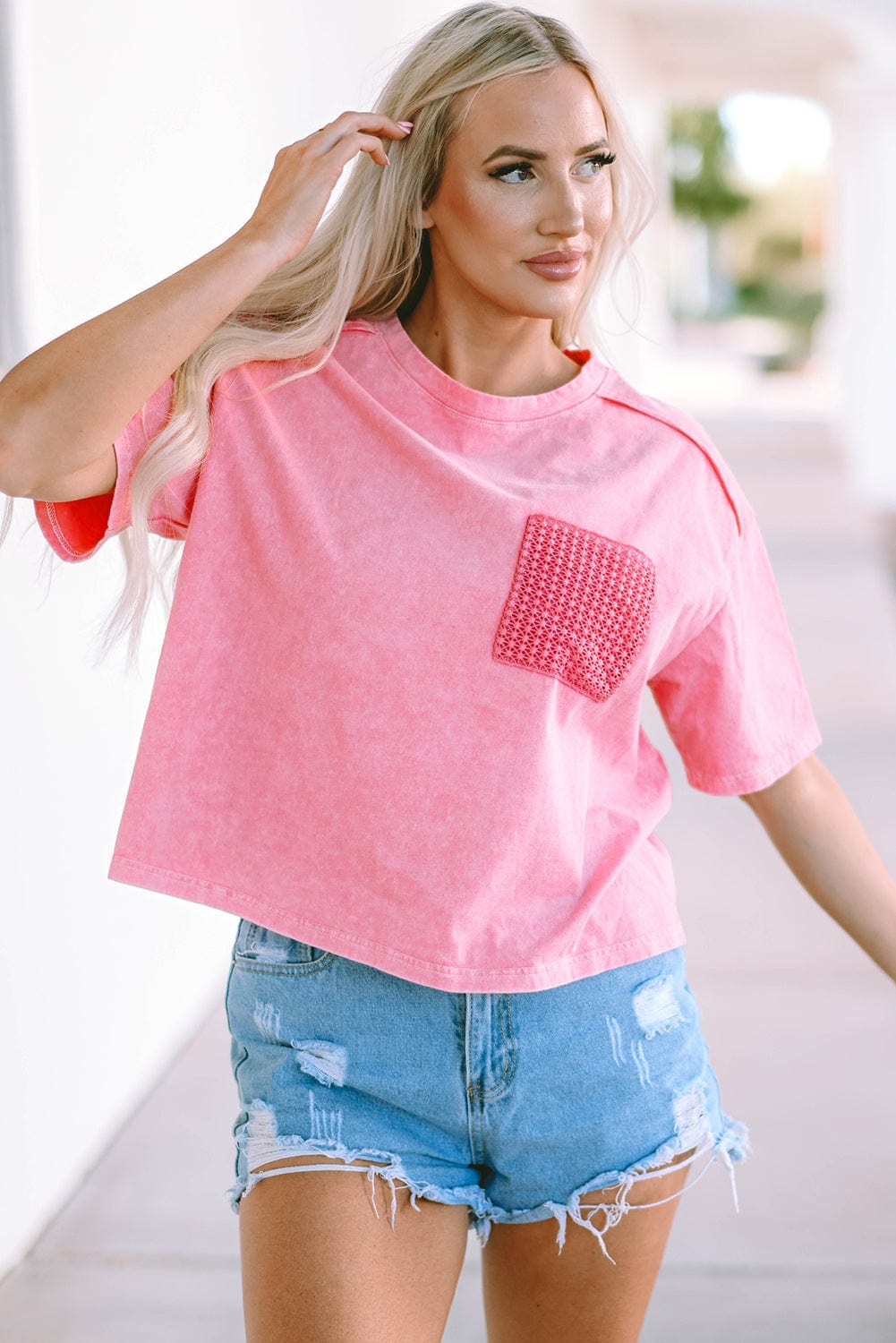 Pink Acid Wash Lace Chest Pocket Tee