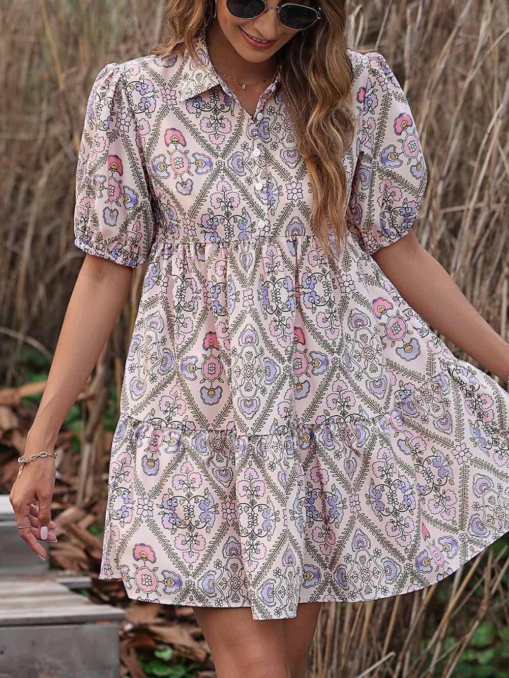 Pink Blossom Chic Shirt Collar Puff Sleeve Ruffle Dress