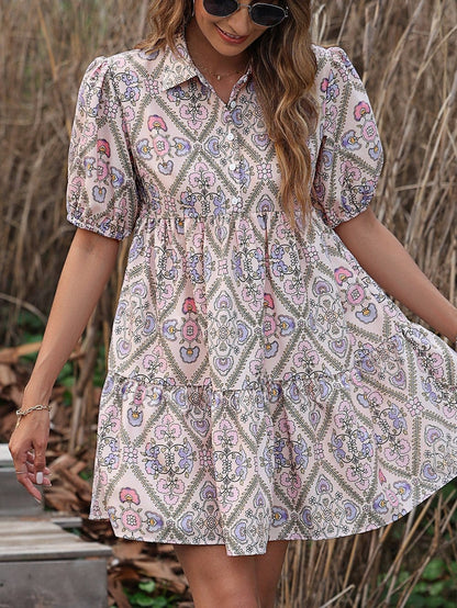 Pink Blossom Chic Shirt Collar Puff Sleeve Ruffle Dress