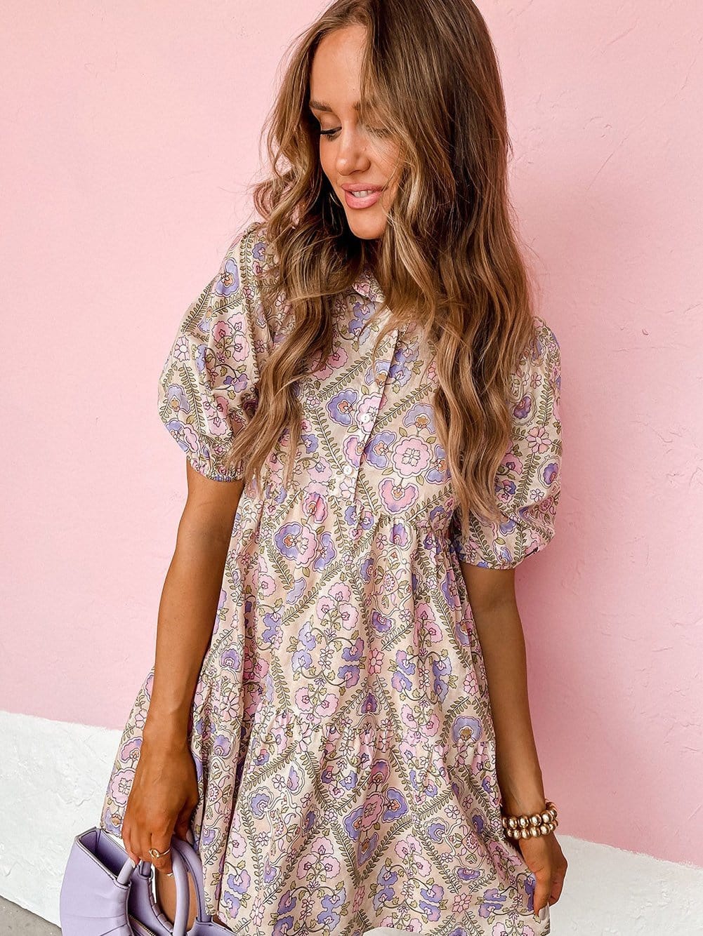 Pink Blossom Chic Shirt Collar Puff Sleeve Ruffle Dress