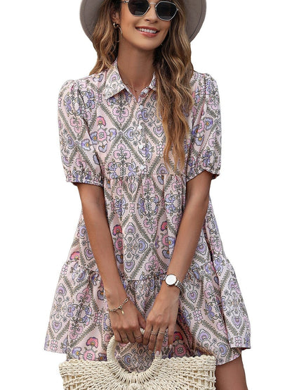 Pink Blossom Chic Shirt Collar Puff Sleeve Ruffle Dress