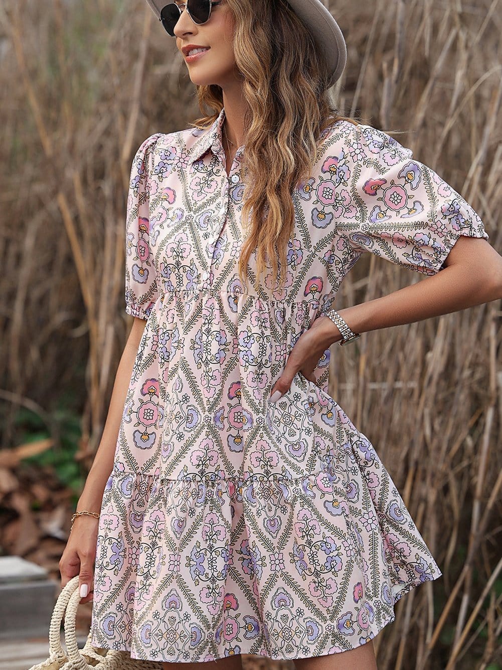 Pink Blossom Chic Shirt Collar Puff Sleeve Ruffle Dress