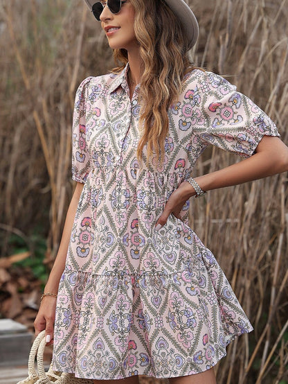 Pink Blossom Chic Shirt Collar Puff Sleeve Ruffle Dress