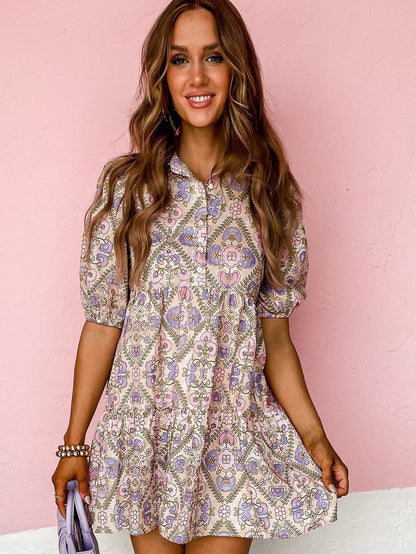 Pink Blossom Chic Shirt Collar Puff Sleeve Ruffle Dress