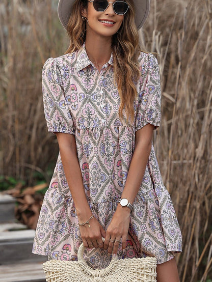 Pink Blossom Chic Shirt Collar Puff Sleeve Ruffle Dress