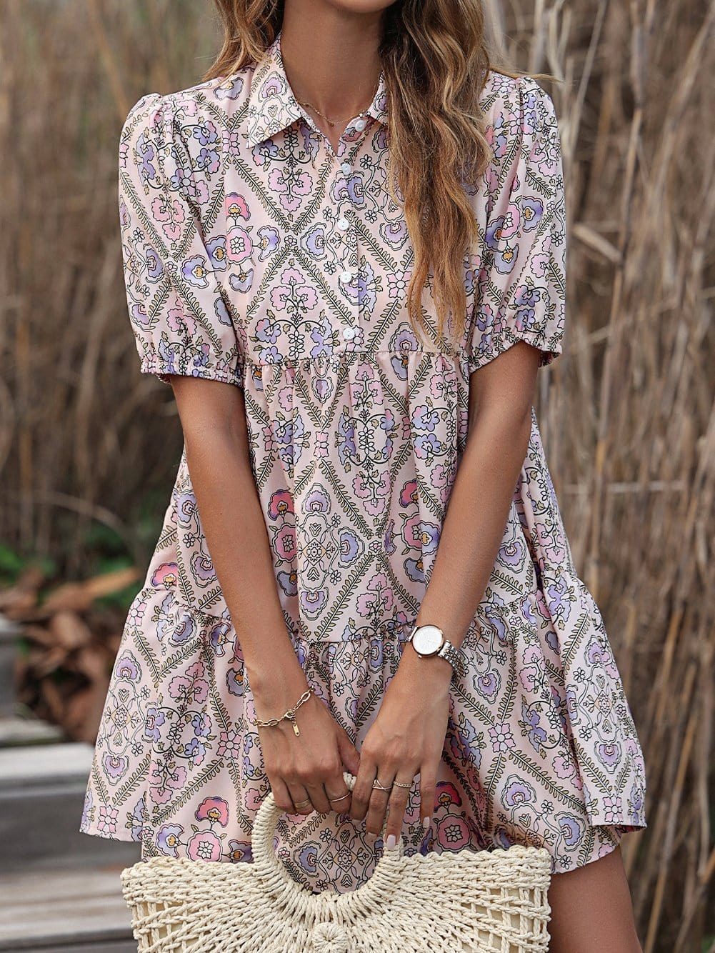 Pink Blossom Chic Shirt Collar Puff Sleeve Ruffle Dress