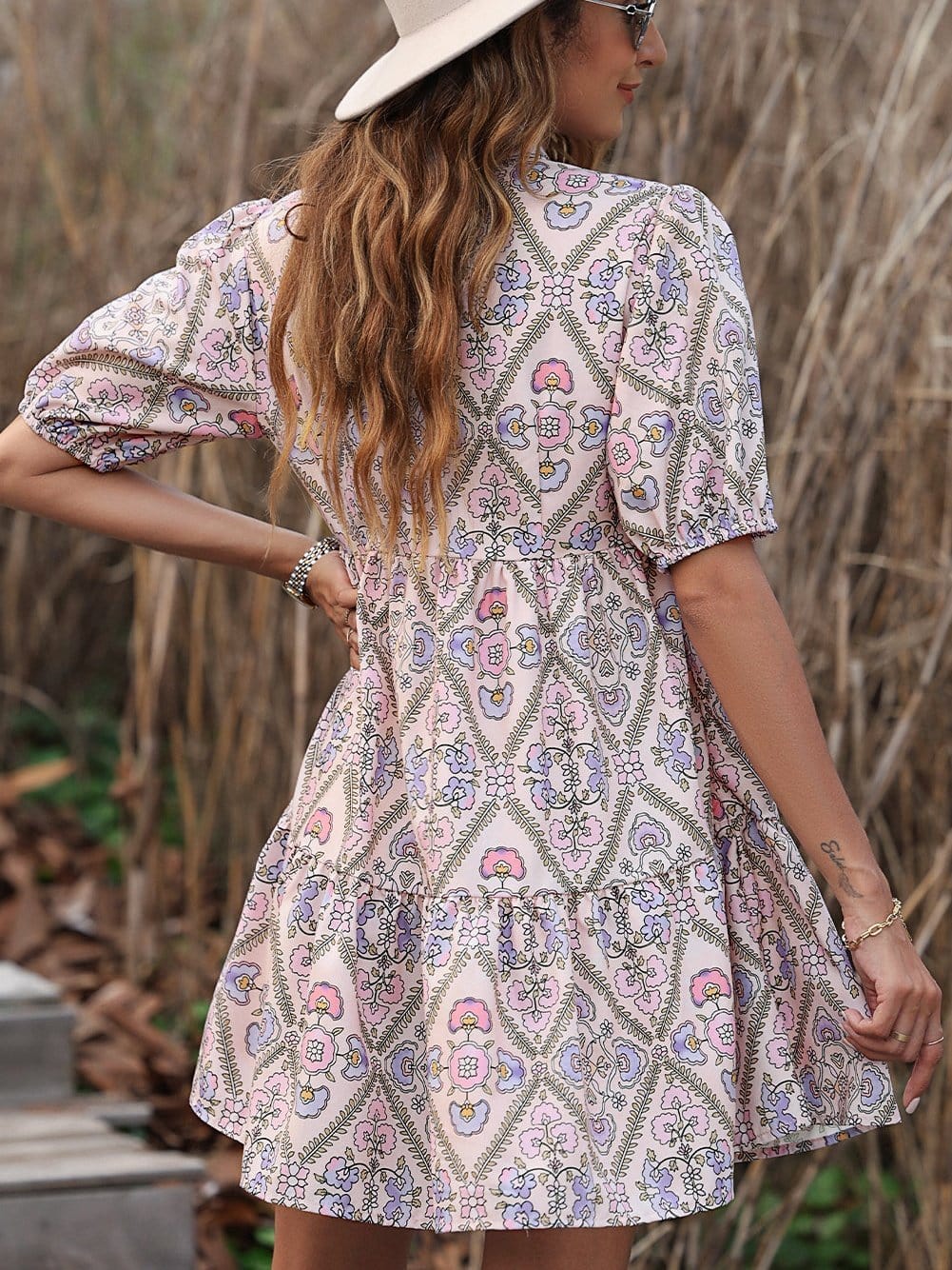 Pink Blossom Chic Shirt Collar Puff Sleeve Ruffle Dress