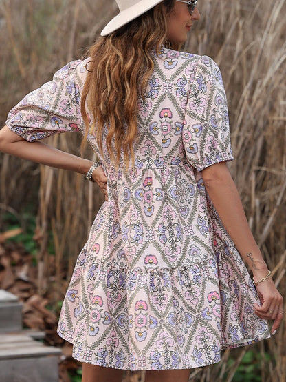 Pink Blossom Chic Shirt Collar Puff Sleeve Ruffle Dress