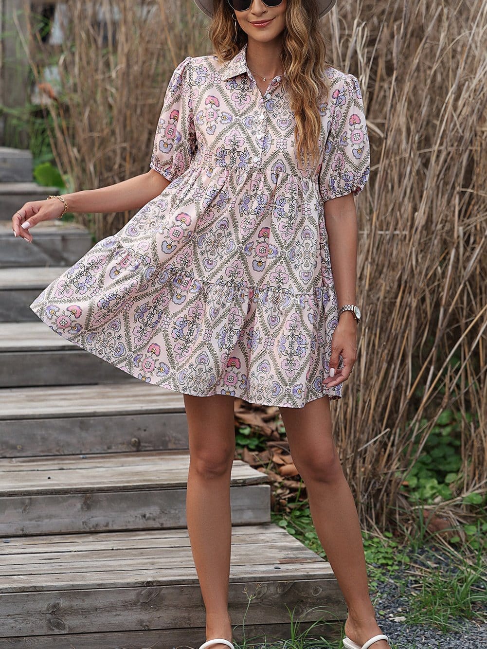 Pink Blossom Chic Shirt Collar Puff Sleeve Ruffle Dress