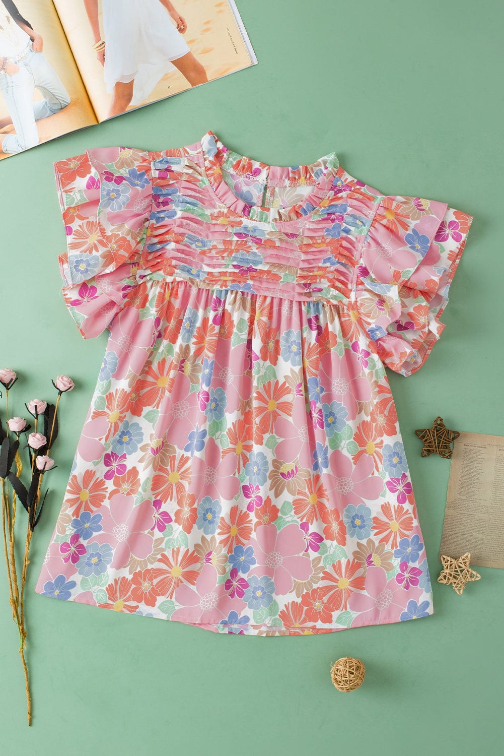 Pink Blossom Flutter Sleeve Pleated Blouse