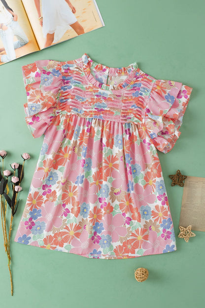 Pink Blossom Flutter Sleeve Pleated Blouse